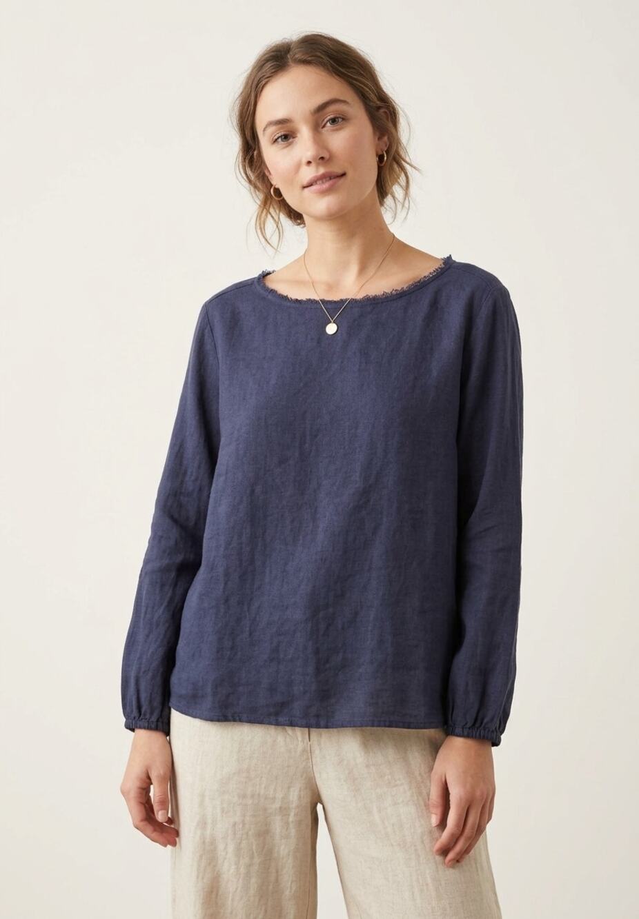 Cut Loose Linen Cotton Raw Edge Boatneck Top Blue Coastal Grandma Lagenlook M